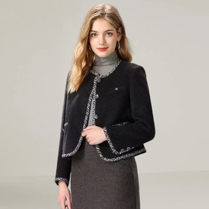 New Xiaoxiangfeng round neck trimmed wool mulberry silk camel velvet double-sided jacket 3235