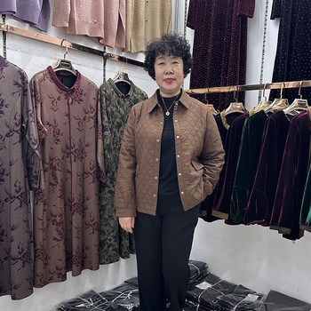 Young mothers autumn and winter lapel rhombus solid color jacket for women small casual cotton age-reducing cardigan windbreaker