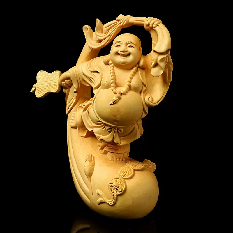 崖柏木雕家居客厅笑佛汽车桌面摆件福袋弥勒佛神像供奉工艺礼品-Taobao