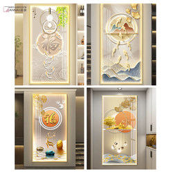 Modern Light Luxury Entrance Hall Decorative Painting Feather Deer Nine Fish Picture Corridor Aisle Led Light Strip Crystal Porcelain Wall Hanging Painting