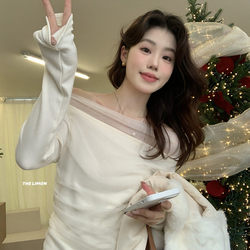 White Off-Shoulder Knitted T-Shirt for Women, Autumn Slim-Fit Ruched Inner Layer, Exposed Shoulder Mesh Slightly Sheer Top, Stylish Base Shirt