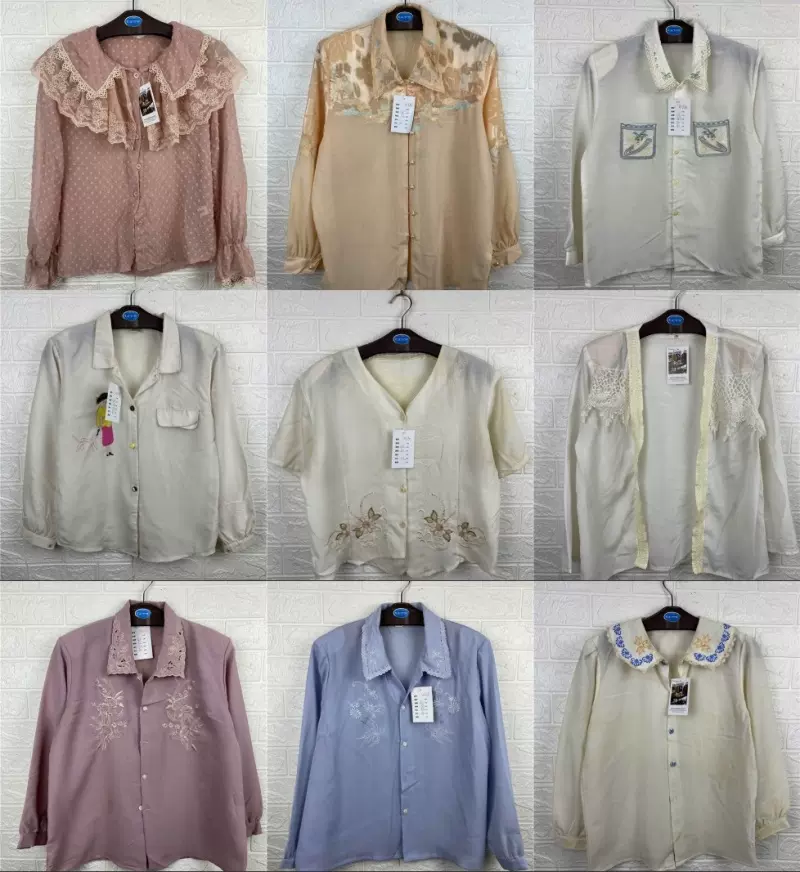 vintage古着孤品日本制文艺雪纺夏季纯色电脑刺绣复古衬衫W241p