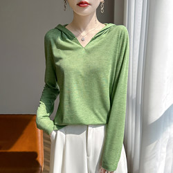 26 Spring/Summer Hooded Loose Long-Sleeve Sun-Protective Knit T-Shirt for Women, Thin, Skin-Friendly, Versatile, Layering, Base Layer, Casual Top