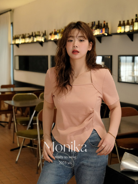 Monica plus size women's slightly fat front shoulder T-shirt short ...