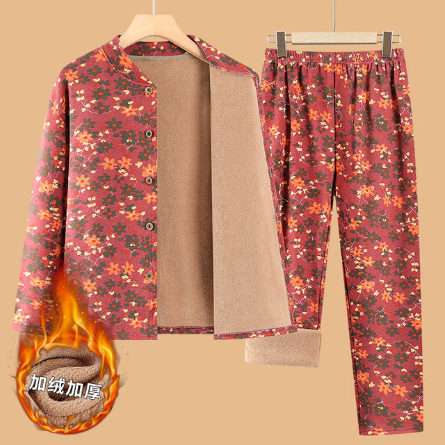 
Thermal underwear set for middle-aged and elderly mothers, autumn and winter thickened velvet autumn clothes and autumn trousers, grandma cardigan home wear