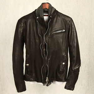 Japanese tailor -edited muna head layer cotton sheepskin make wrinkles and collar short locomotive clothing leather jacket men's leather jacket
