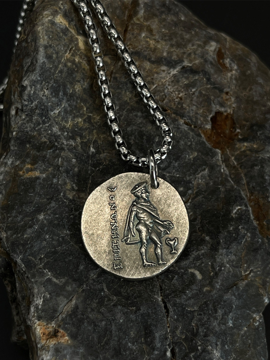 复古希腊神话狮鹫格里芬赫尔墨斯银币项链镀银打孔硬币