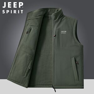 
Jeep JEEP vest for middle-aged men, loose large size, stand collar, autumn and winter plus velvet, outdoor multi-pocket fishing vest and waistcoat