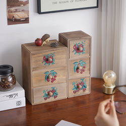Rustic Vintage Solid Wood Small Cabinet Desktop Jewelry Storage Box with Antique Painted Fruit Pattern Organizer