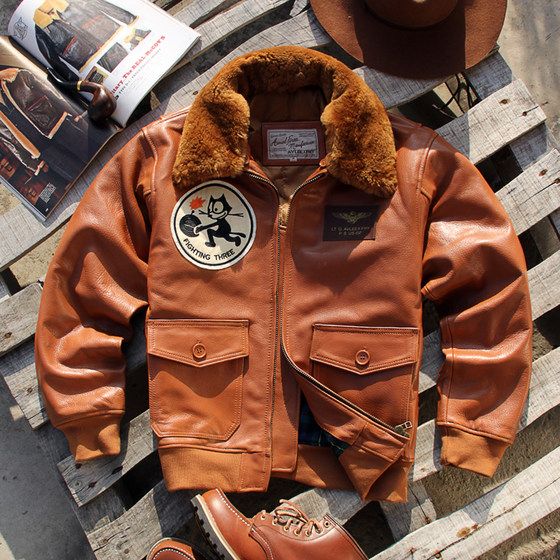 
Genuine leather jacket Bombcat G1 flight suit genuine leather jacket men's goat fur collar slim fit cotton motorcycle jacket