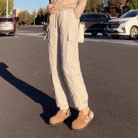 
Workwear down pants for women's outer wear 2024 new style leg-tie nine-point rhombus white duck down winter women's pants, fashionable and trendy