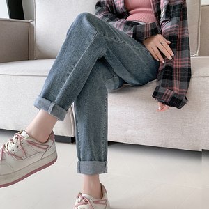 孕妇加绒弹力牛仔裤冬季老爹裤加厚保暖托腹裤外穿小个子