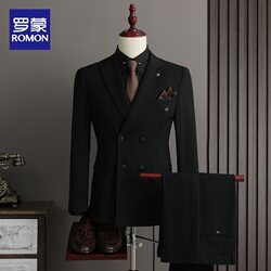 Romon Double-Breasted Suit Set Men's Business Formal Wear High-End Suit Groom Wedding Dress Slim Fit Jacket