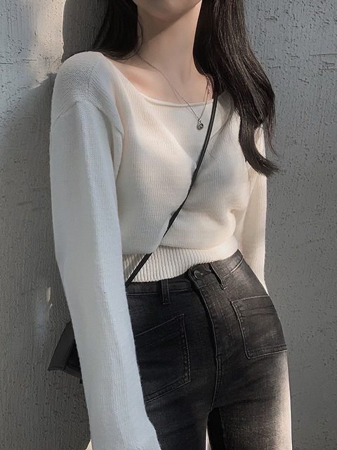 Korean chic autumn and winter basic slim and versatile one-length off-shoulder solid color pullover sweater short knit sweater for women