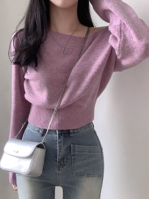 Korean chic autumn and winter basic slim and versatile one-length off-shoulder solid color pullover sweater short knit sweater for women