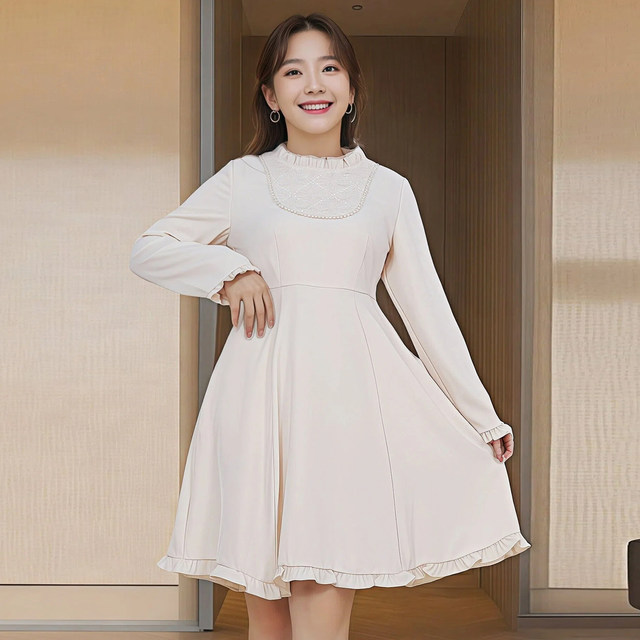 Age-reducing plus-size women's clothing 2025 autumn and winter new fat MM fungus neckline beaded pocket versatile trendy dress