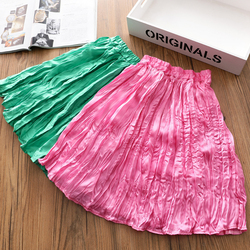 Girls Silk Satin Smooth Pleated Skirt Spring And Autumn New Children's Clothing Baby Foreign Style Forest Green Skirt Korean Version