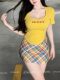 Yellow large neckline front shoulder short-sleeved T-shirt for women in summer fat MM large size women's pure sexy hot girls ins slim top