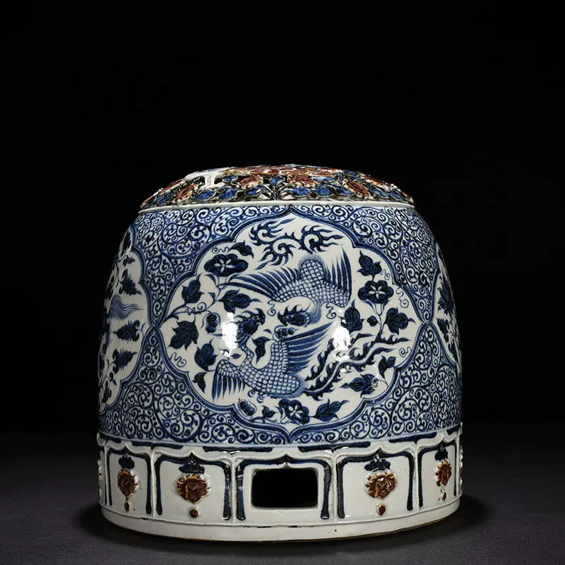 中国 古美術 古磁 手描き 青花染付 釉裏紅 纏枝紋 鳳紋 観賞皿 在銘 