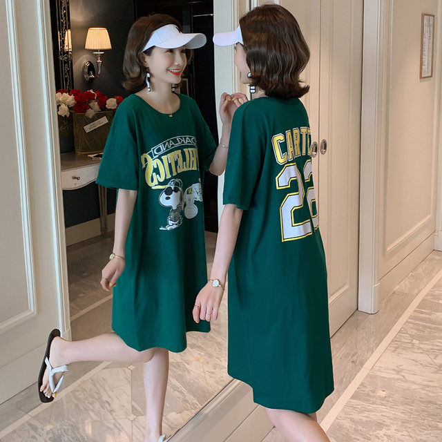 Korean cartoon digital printed student physical shirt female large size loose medium long green cotton short -sleeved T -shirt skirt summer