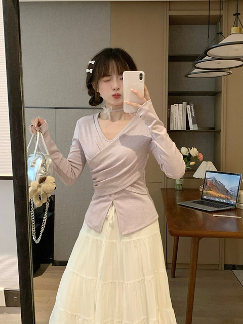 Sweet Momo Spring new style cross-design purple gentle style slim design t-shirt top for women
