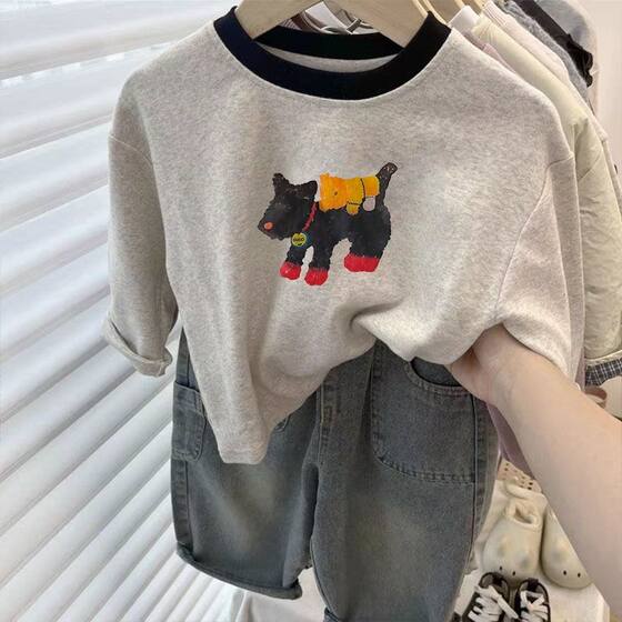 
Children's pure cotton long-sleeved T-shirt 2025 spring and autumn new style boys and girls puppy cartoon children's outer wear bottoming t-shirt