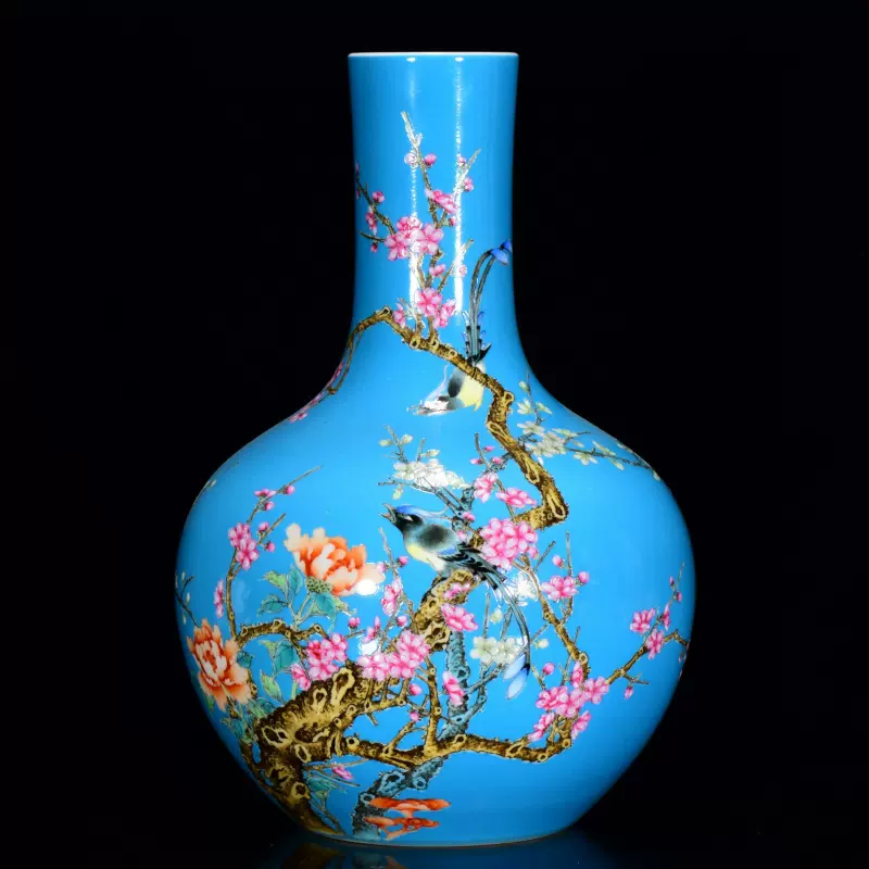 清雍正年孔雀蓝釉粉彩花鸟纹天球瓶古董古玩古瓷器-Taobao
