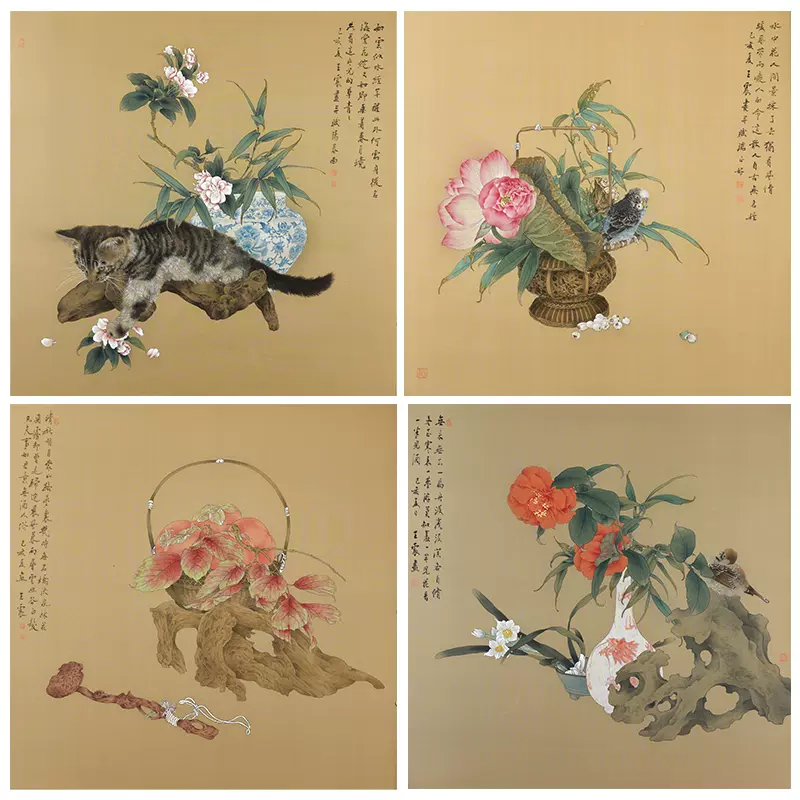 王震工笔画白描底稿桃花牡丹一套四幅原大42×42厘米花鸟线稿TA03-Taobao