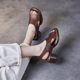 Fish mouth sandals for women 2025 summer new retro leather round toe thick heel shoes casual buckle hollow Roman shoes