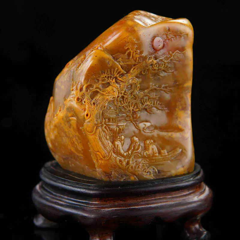 田黄石 寿山石 彫刻 清・古寿山石・田黄石彫・羅漢章・印章・置物・箱付』極細工