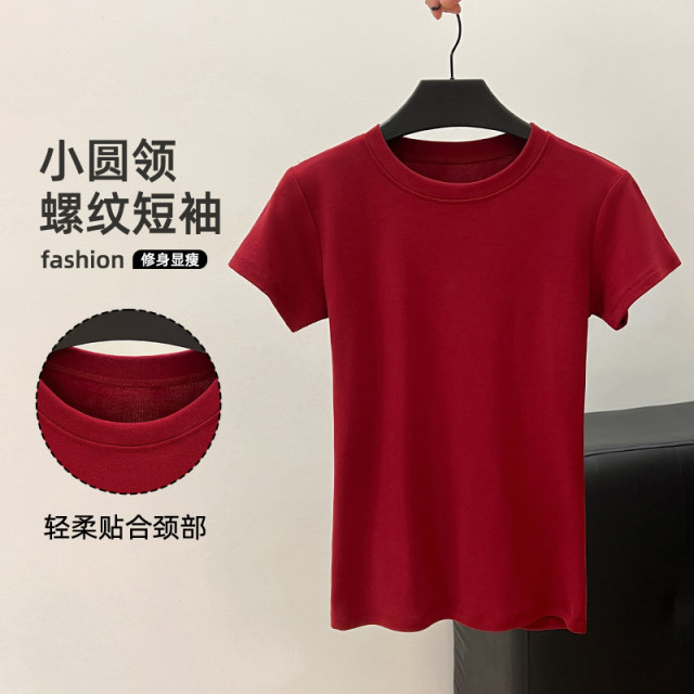 Small round neck threaded red short-sleeved women's T-shirt summer slim 2025 new slim design niche top