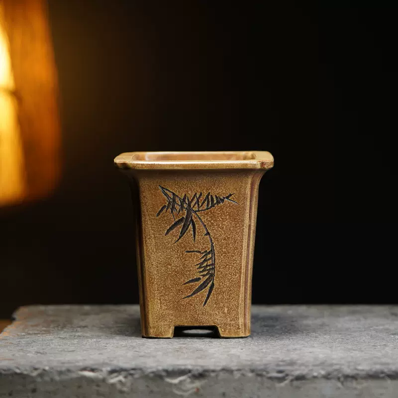 NL656 紫砂段泥竹蘭紋四方花盆・段泥花盆☆中国