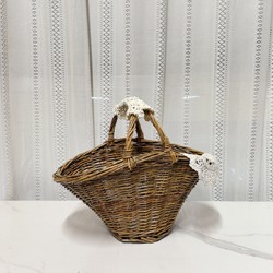 Special Offer! Vintage Retro Country-Style Leather Wicker Basket Handmade Flower Basket Fruit Picking Storage Basket