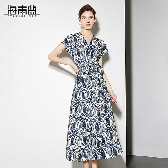 Sea Blue Dress Summer Women 2025 New Printed Sleeveless V-neck Mid-Length Seaside Vacation Women's Skirt