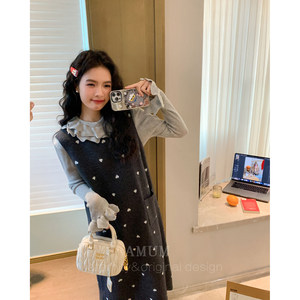 
AMUM maternity wear winter sweetheart ~ sweet lotus leaf collar with polka dot knitted casual vest skirt suit