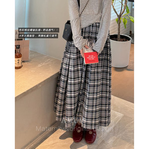 
AMUM Maternity Wear Literary Senior ~ Black and White Plaid Cake Skirt Slimming and Versatile A-Line Adjustable Skirt