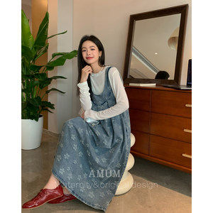 
AMUM maternity wear for good girls~retro jacquard A-line denim U-neck tank top loose casual dress