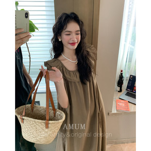 
AMUM maternity dress strange brown camellia ~ lotus leaf neck temperament literary and relaxed sleeveless loose dress