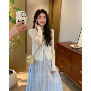 
AMUM Maternity Clothes for Antique Girls ~ Fresh Blue Check Girly Long Round Neck Sleeveless Vest Dress Summer