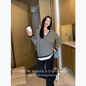 
AMUM maternity wear Korean style casual ~ striped contrasting fake two-piece sweater spring and autumn versatile slimming top