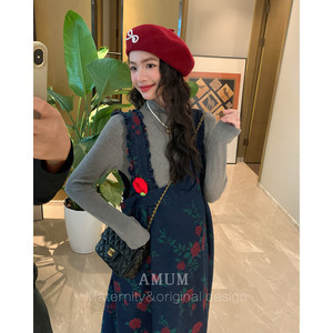 
AMUM maternity wear Korean chic~retro denim A-line suspender skirt temperament floral casual dress