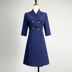 
Mid-length dark blue 7-quarter sleeve windbreaker for women 2025 spring and autumn slim fit suit collar double-breasted mid-sleeved jacket