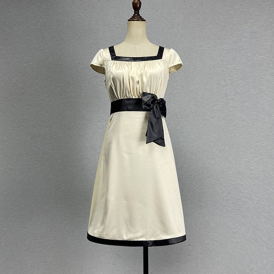 Foreign trade original medium-length apricot short-sleeved dress for women, sweet slim bow with high waist square neckline A-line skirt
