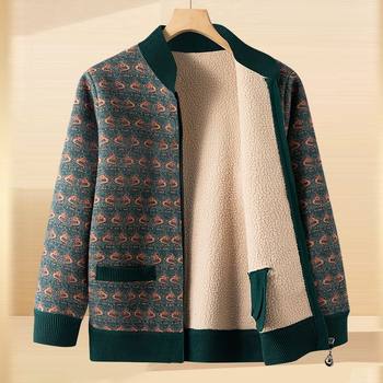 
Middle-aged and elderly temperament cardigan printed winter style plus velvet thickened warm casual short jacket for women mother dressing top