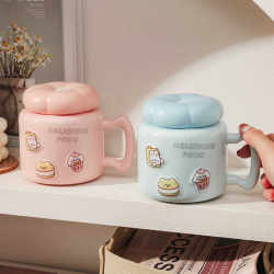 Cartoon Ceramic Mirror Cup, High-Looking Mug with Lid, Large-Capacity Water Cup for Home, Office Tea Cup, Coffee Cup