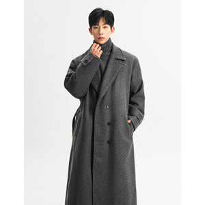 
Gray woolen coat for men, mid-length winter thickened and warm over-the-knee high-end trendy woolen windbreaker jacket for men