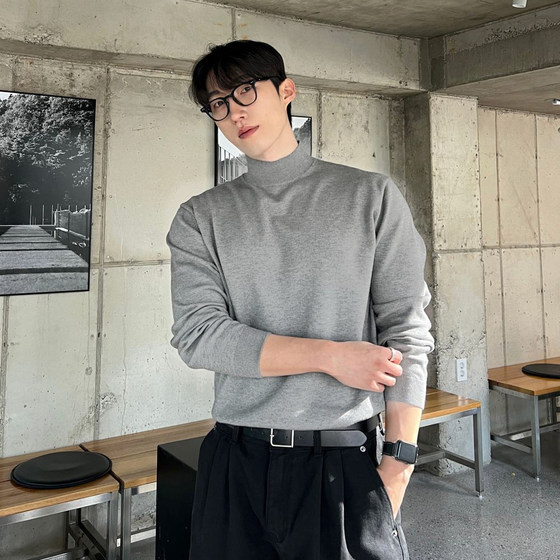 Winter half-turtleneck sweater for men, gray loose youth warm velvet thickened mid-collar knitted bottoming shirt