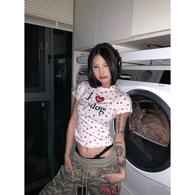 JMJ 2025 Spring American Love Hot Diamond Dog Paw Full Print Slim Short Sleeve T-shirt Women's Casual Base Shirt Top

