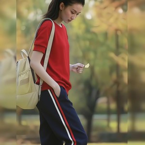 
Spring, summer and autumn cotton students' deep navy classic white and red striped high-waisted trousers, sports pants, casual pants, school uniform sweatpants