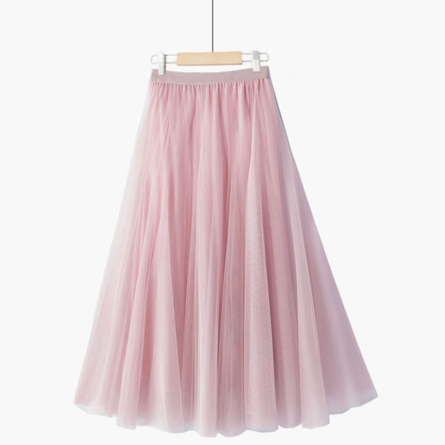 Spring sweet 20 pieces spliced ​​oversized high waist dreamy solid color pleated A-line slim fairy mesh skirt
